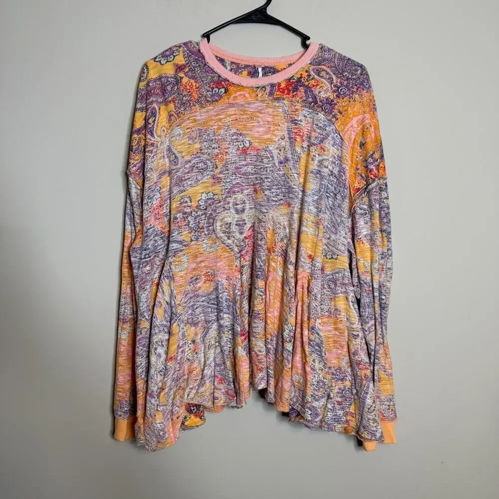 Free People Making Circles Long Sleeve T-Shirt Paisley Orange Oversized XS - Picture 4 of 9